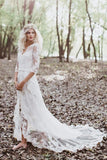 White Tulle Lace 3/4 Sleeves Beach Wedding Dress Lace Appliques Boho Bridal Gowns OKY67