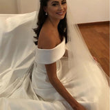 Simple A-line Ivory Wedding Dress Satin Off The Shoulder Bridal Gowns OKX3