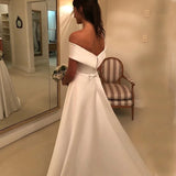 Simple A-line Ivory Wedding Dress Satin Off The Shoulder Bridal Gowns OKX3