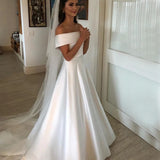 Simple A-line Ivory Wedding Dress Satin Off The Shoulder Bridal Gowns OKX3