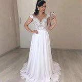 Chiffon Long Cap Sleeves Wedding Dress Plus Size Lace Applique A-line Bridal Dress OKW21