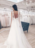 Tulle A-line Wedding Dress V-Neck Spaghetti Straps Lace Applique Chapel Train Bridal Dress OKW20