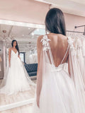 Tulle A-line Wedding Dress V-Neck Spaghetti Straps Lace Applique Chapel Train Bridal Dress OKW20