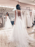 Tulle A-line Wedding Dress V-Neck Spaghetti Straps Lace Applique Chapel Train Bridal Dress OKW20