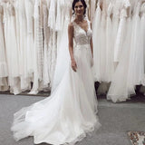 Elegant Tulle Wedding Dress Deep V-Neck Sleeveless Chapel Train A-line Applique Bridal Dress OKW23