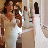 Mermaid V-Neck Half Sleeve Elegant Wedding Dress Vintage Lace Spandex Bridal Dress OKW26