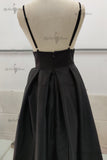 A Line V Neck Black Long Prom Dress SatinFormal Evening Dress With Pockets OK1280