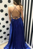 Royal Blue Spaghetti Strap A Line Prom Dresses Sexy Long Split Party Dresses OKJ90