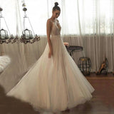 Beaded Tulle Skirt Spaghetti Straps Long Wedding Gowns Beach A-line Illusion Women Bridal Dress OKW50