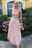 Spaghetti Straps Sequins Pink Tea Length Prom Dresses Shiny Sequins Pink Homecoming Dresses OK1432