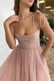 Spaghetti Straps Sequins Pink Tea Length Prom Dresses Shiny Sequins Pink Homecoming Dresses OK1432