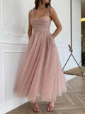 Spaghetti Straps Sequins Pink Tea Length Prom Dresses Shiny Sequins Pink Homecoming Dresses OK1432