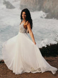 Spaghetti Strap Beaded Ivory Chiffon V Neck Long Cheap Wedding Dress OKH70