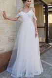 Princess Straps Lace Dropped Sleeves Tulle A Line Beach Wedding Dress OKH83