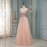 Sparkly Pink Beading Long Prom Dress Spaghetti Straps Tulle Sequined Party Gown OKW71