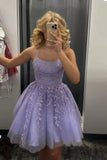 Sparkly Lavender Short Homecoming Dress A Line Tulle Sleeveless Lace Appliques Party Dress OK1771