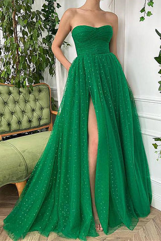 Strapless Green Long A Line Tulle Prom Dresses, Formal Evening Dresses OK1993