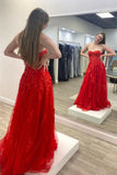 Chic Strapless Red A Line Tulle Long Prom Dress with Lace Appliques OK1968