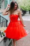 Strapless Short Red Prom Dress A-line Cute Tulle Graduation Homecoming Dress OKX48