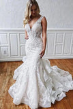 Unique Mermaid Tulle Lace Wedding Dresses With Ruffles, Bridal Gown OK1809