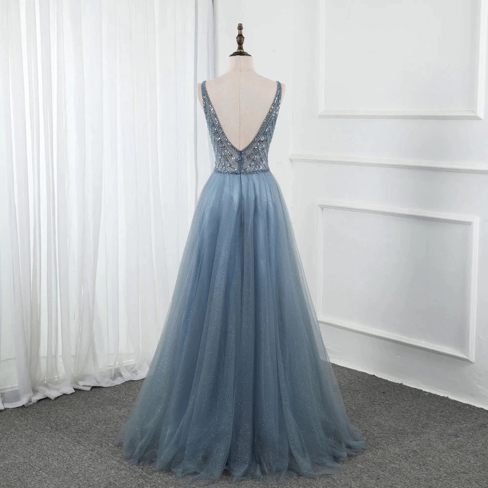 Sweet Blue Long V Neck Tulle Beading Backless Split Formal Prom Gowns OKW65