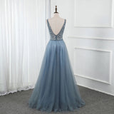 Sweet Blue Long V Neck Tulle Beading Backless Split Formal Prom Gowns OKW65