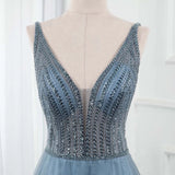 Sweet Blue Long V Neck Tulle Beading Backless Split Formal Prom Gowns OKW65