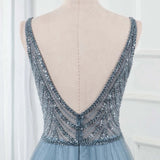 Sweet Blue Long V Neck Tulle Beading Backless Split Formal Prom Gowns OKW65