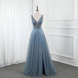 Sweet Blue Long V Neck Tulle Beading Backless Split Formal Prom Gowns OKW65