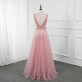 Pink Split Long Prom Dress Beading Sequined Tulle V Neck Sleeveless Party Gown OKW73