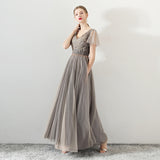 A Line Tulle Long Appliques Beaded Prom Dress, Grey Formal Evening Dress OKG72