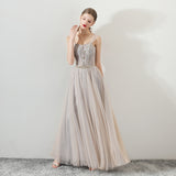 A Line Tulle Long Straps Lace Up Back Beaded Prom Dress,Evening Dress OKG73