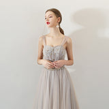 A Line Tulle Long Straps Lace Up Back Beading Prom Dress Evening Dress OKG73