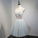 A-Line Light Blue Floral Short V Neck Tulle Homecoming Dresses OKD3