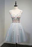 A-Line Light Blue Floral Short V Neck Tulle Homecoming Dresses OKD3