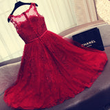 Charming Red A-Line Lace Short Sleeveless Homecoming Dresses OKD9