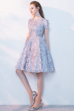 Elegant Lace A-Line Short Light Blue Homecoming Dresses OKC95