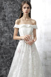 Princess White Off the Shoulder Lace A Line Wedding Dresses OK637