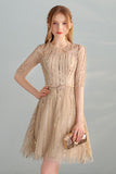 Gold Sequins A-Line Short Tulle Half Sleeves Homecoming Dresses OKC98