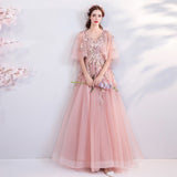 Princess A Line Pink Long Tulle Appliques V Neck Prom Dress OKG68