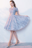 Elegant Lace A-Line Short Light Blue Homecoming Dresses OKC95