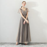 A Line Tulle Long Appliques Beaded Prom Dress, Grey Formal Evening Dress OKG72