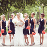 Chiffon V Neck Navy Blue Straps Bridesmaid Dress with Ruffles OKG65