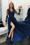 A Line Long Sleeves V Neck Dark Blue Prom Dress With Appliques OKI67