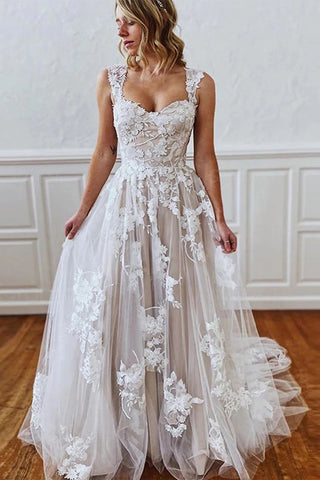 Gorgeous A-line Wedding Dress with Straps Sweetheart Lace Appliques Bridal Dress OKW92