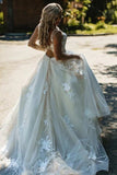 A-line Tulle Open Back Beach Wedding Dress Lace Appliques Princess Bridal Gowns OK1644