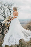 Two Pieces Lace Appliques Spaghetti Straps Wedding Dresses, A Line Tulle Bridal Gown OK1764