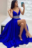 Two Pieces V Neck A Line Royal Blue Long Prom Dresses with Beaded Belt OK2001