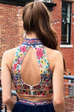 Navy Blue Two Pieces Embroidery High Neck Open Back Tulle Homecoming Dress OKM28