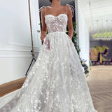 Gorgeous Off White Sweetheart Lace Prom Dress A-line Spagetti Straps Long Evening Dress OKW56